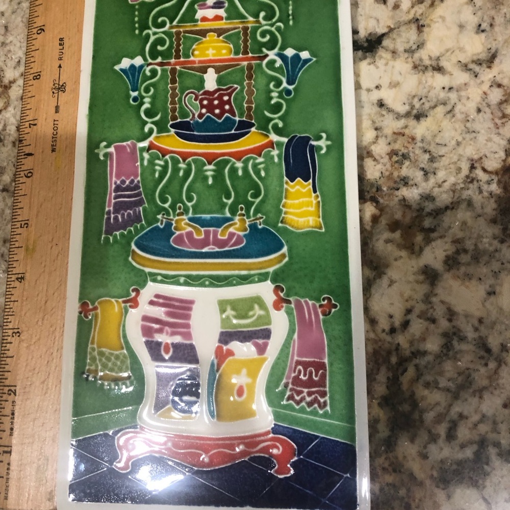 Vintage  Vibrant Ceramic Bath / Commode Italian Hand Painted Wall Hanging